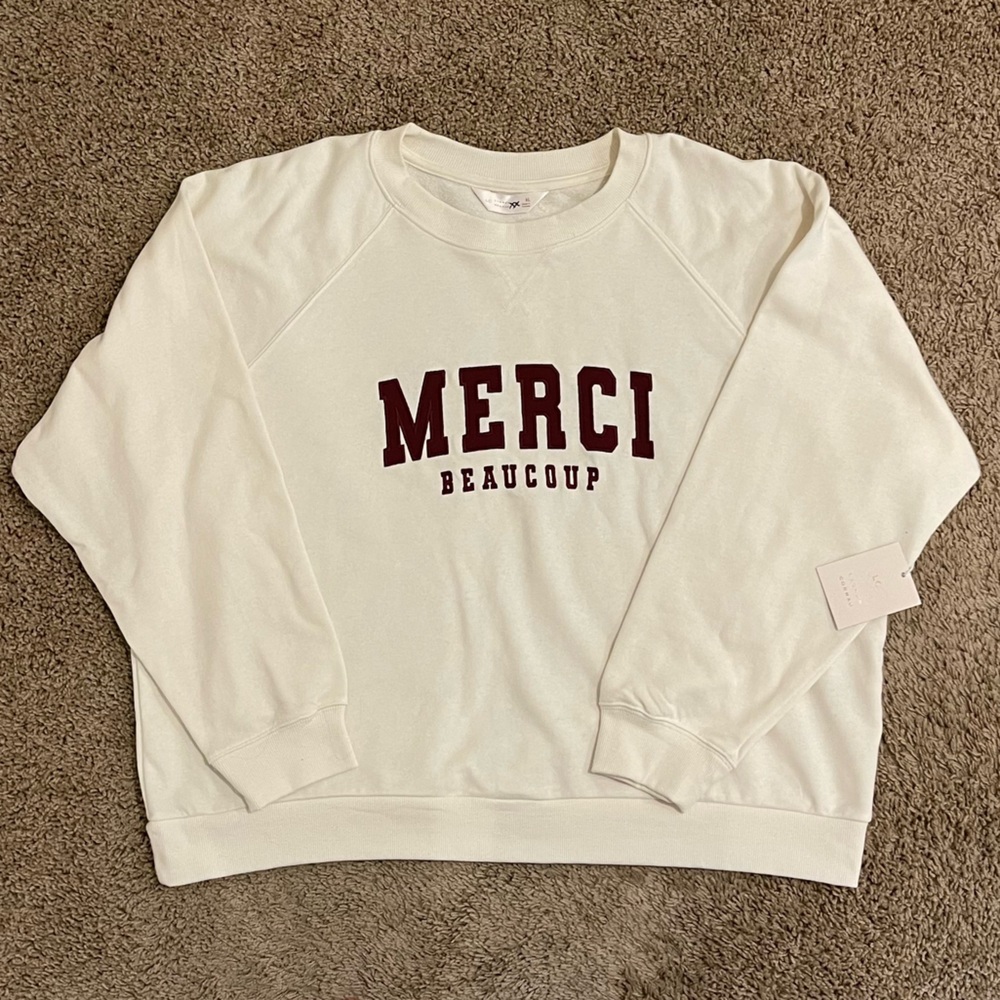 LC Lauren Conrad Cream Crewneck with Burgundy 'MERCI' Accent